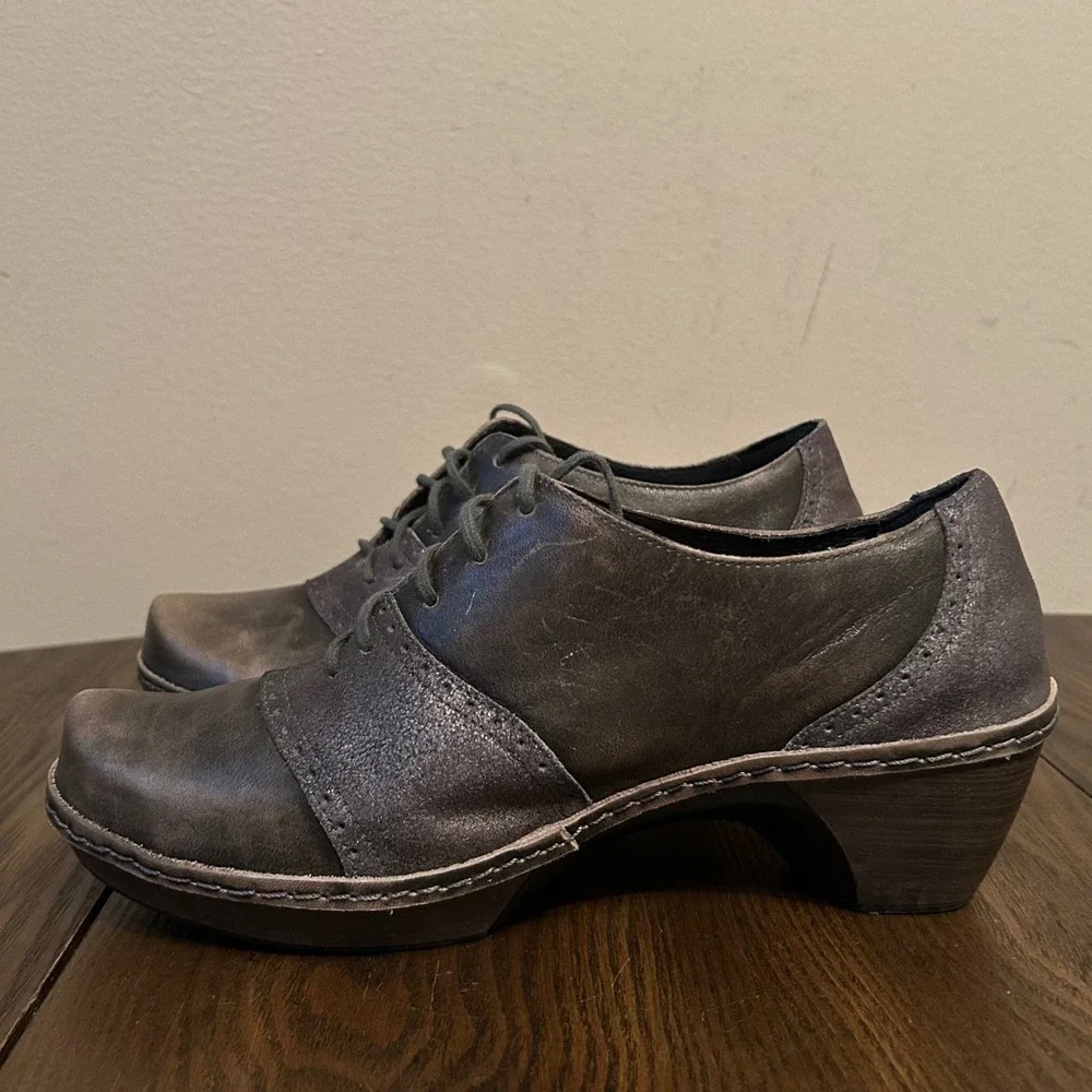 Naot Womens‎ Metallic Gray Leather Lace Up Oxford Block Heel Besalu Shoes 39 L8